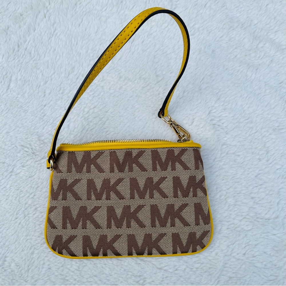 Michael Kors Coin Wristlet Monogram Canvas Tan with yellow trim